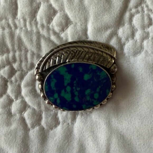 Mexico Sterling Silver Vintage Azurite Malachite Oval Leaf Pin Brooch/pendant - Picture 3 of 3
